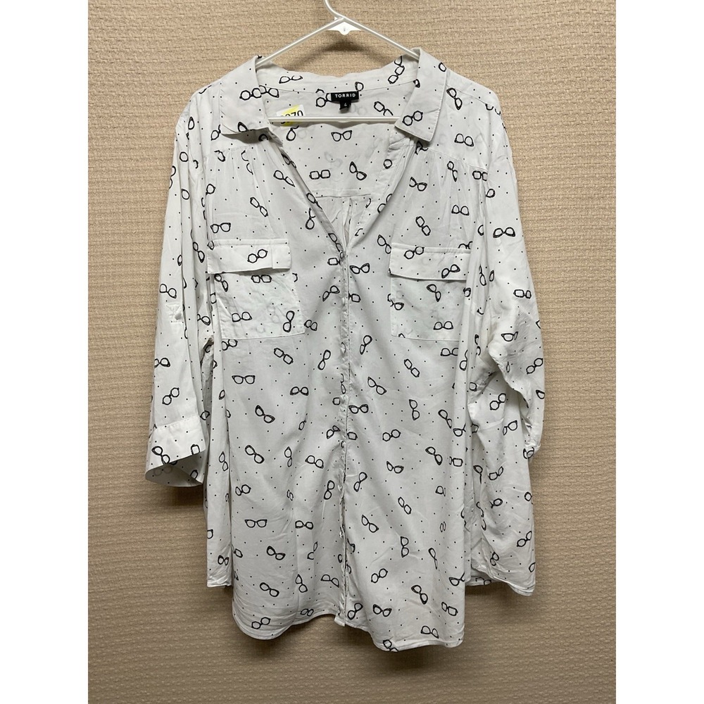 Torrid Womens 4X White Glasses Madison Collared Button-Up Long Sleeve‎ Shirt